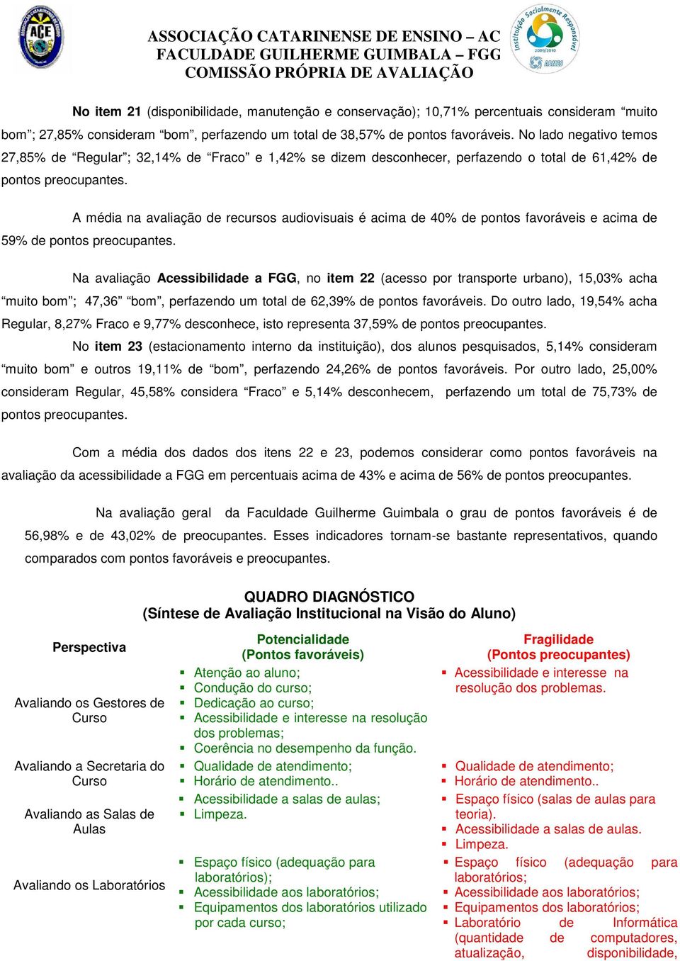 A média na avaliação de recursos audiovisuais é acima de 40% de pontos favoráveis e acima de 59% de pontos preocupantes.