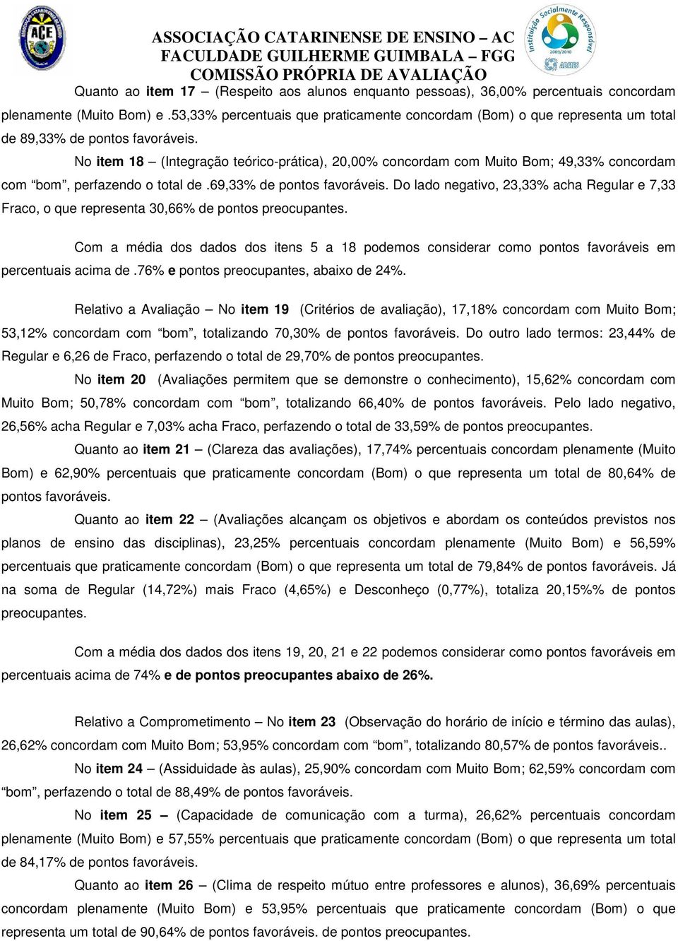 No item 18 (Integração teórico-prática), 20,00% concordam com Muito Bom; 49,33% concordam com bom, perfazendo o total de.69,33% de pontos favoráveis.