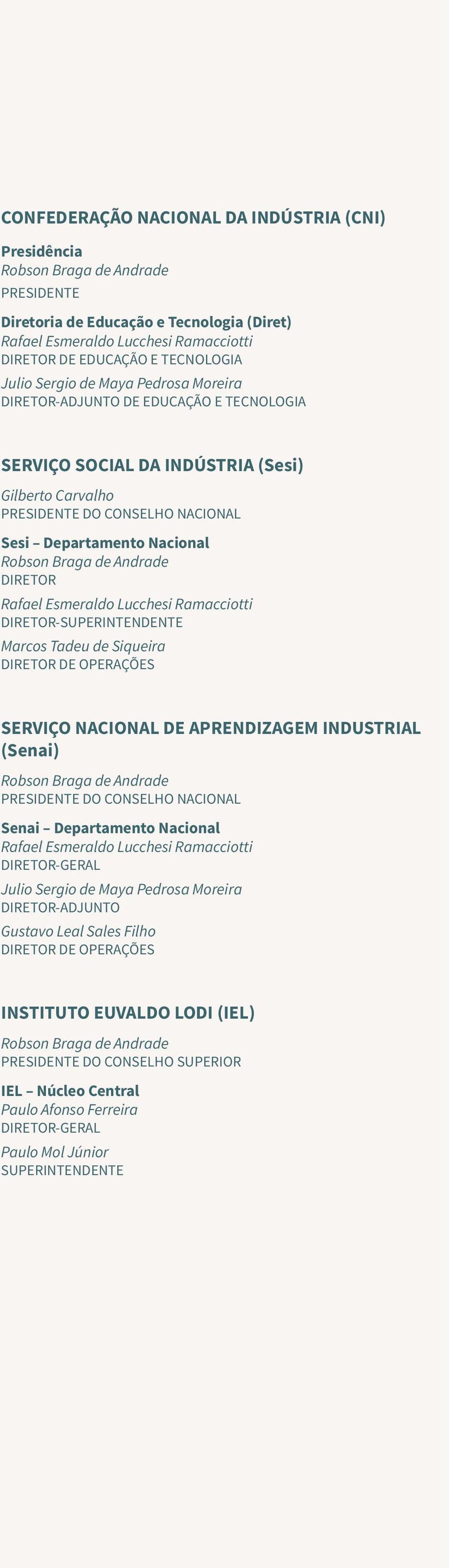 Nacional Robson Braga de Andrade DIRETOR Rafael Esmeraldo Lucchesi Ramacciotti DIRETOR-SUPERINTENDENTE Marcos Tadeu de Siqueira DIRETOR DE OPERAÇÕES SERVIÇO NACIONAL DE APRENDIZAGEM INDUSTRIAL