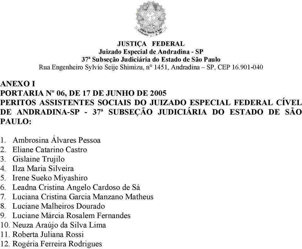 Ilza Maria Silveira 5. Irene Sueko Miyashiro 6. Leadna Cristina Angelo Cardoso de Sá 7. Luciana Cristina Garcia Manzano Matheus 8.