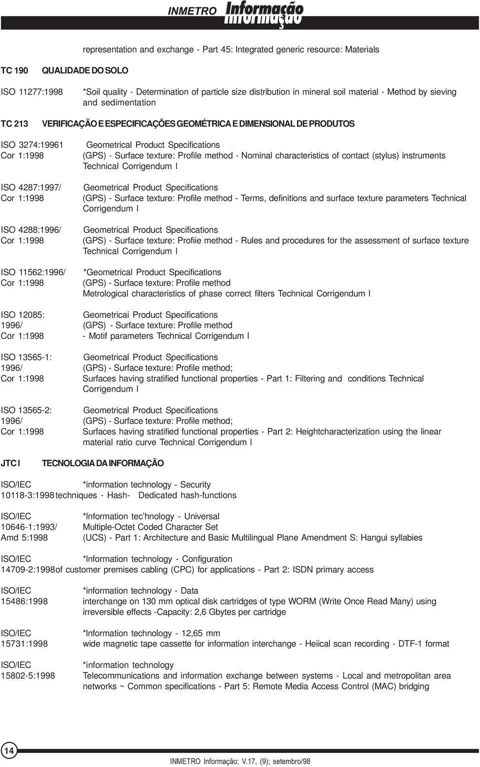 texture: Profile method - Nominal characteristics of contact (stylus) instruments Technical Corrigendum l ISO 4287:1997/ Cor 1:1998 ISO 4288:1996/ Cor 1:1998 ISO 11562:1996/ Cor 1:1998 Geometrical