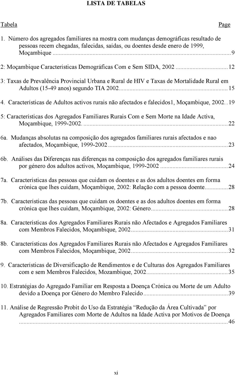 ..15 4. Características de Adultos activos rurais não afectados e falecidos1, Moçambique, 2002.