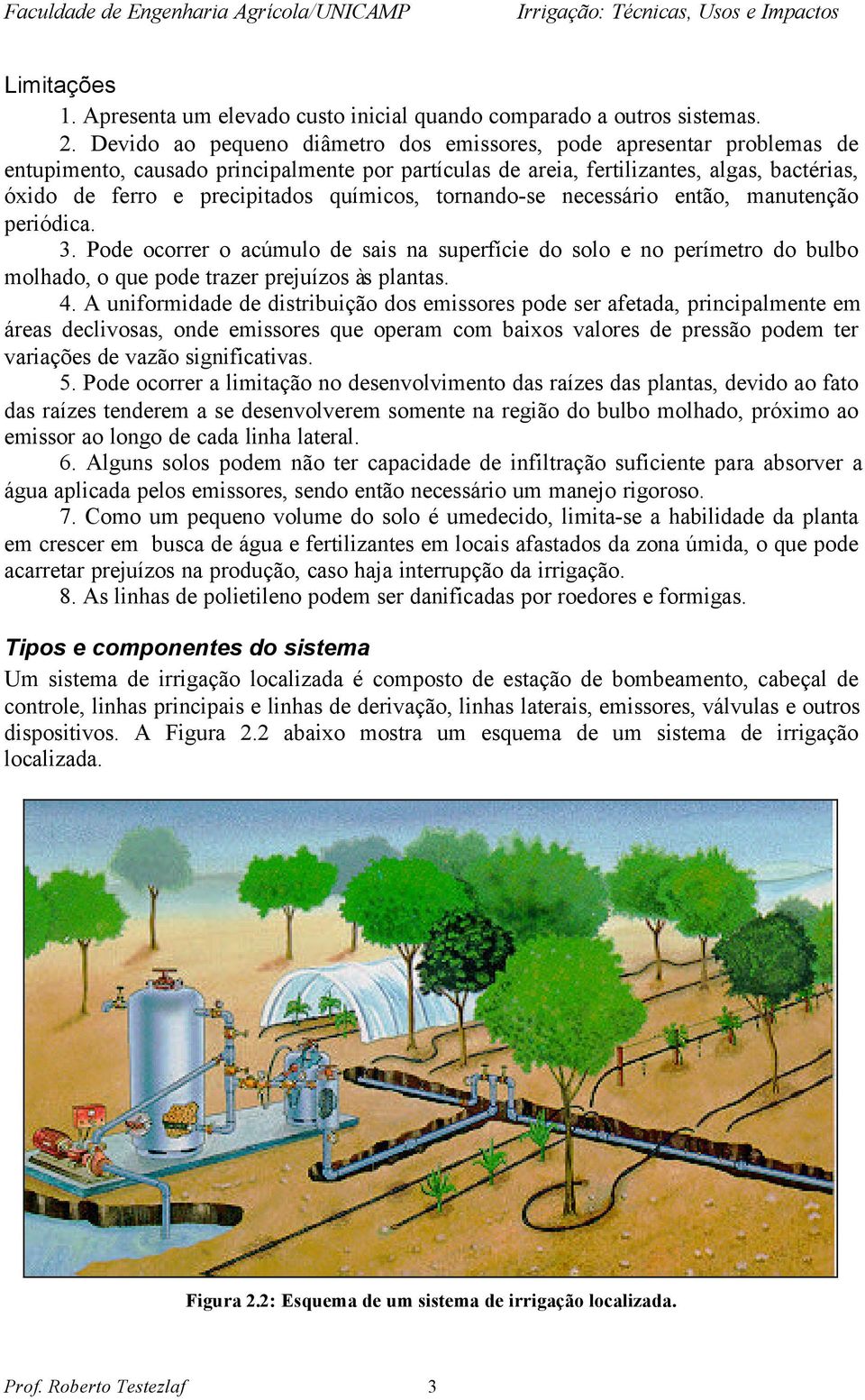 químicos, tornando-se necessário então, manutenção periódica. 3. Pode ocorrer o acúmulo de sais na superfície do solo e no perímetro do bulbo molhado, o que pode trazer prejuízos às plantas. 4.