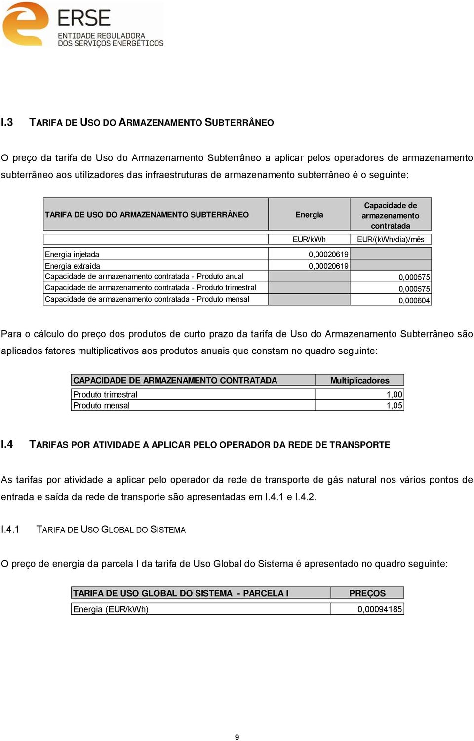 de armazenamento contratada - Produto anual 0,000575 Capacidade de armazenamento contratada - Produto trimestral 0,000575 Capacidade de armazenamento contratada - Produto mensal 0,000604 Para o