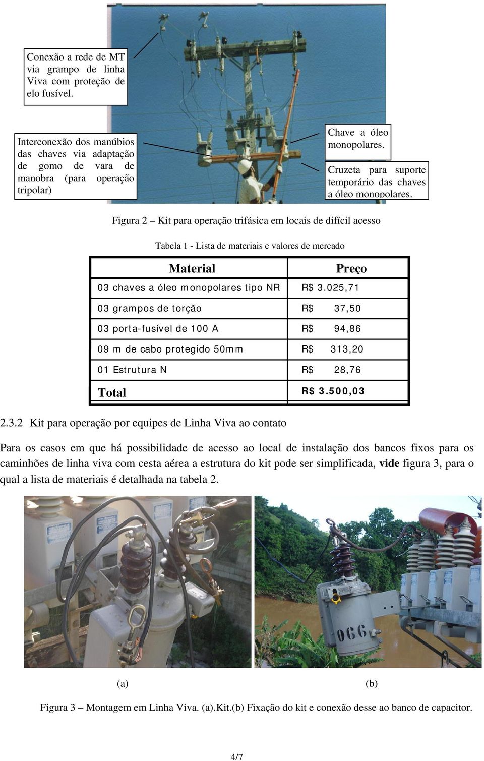 Figura 2 Kit para operação trifásica em locais de difícil acesso Tabela 1 - Lista de materiais e valores de mercado 03 chaves a óleo monopolares tipo NR 03 grampos de torção 03 porta-fusível de 100 A