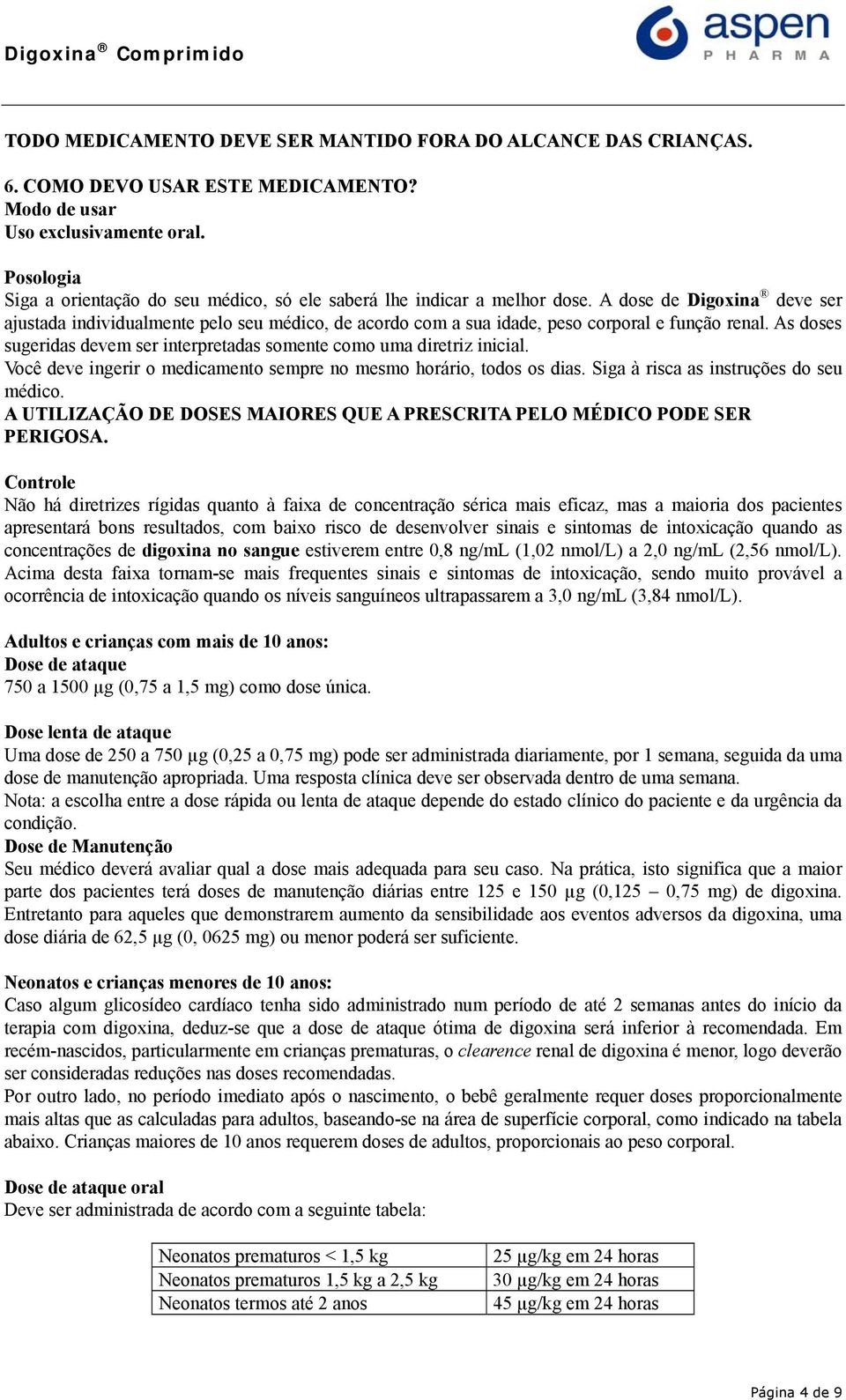 A dose de Digoxina deve ser ajustada individualmente pelo seu médico, de acordo com a sua idade, peso corporal e função renal.