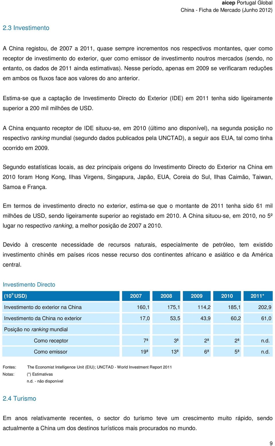 Estima-se que a captação de Investimento Directo do Exterior (IDE) em 2011 tenha sido ligeiramente superior a 200 mil milhões de USD.