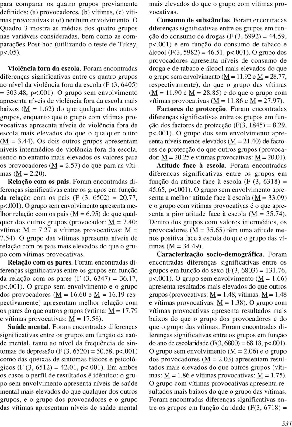 Foram encontradas diferenças significativas entre os quatro grupos ao nível da violência fora da escola (F (3, 6405) = 303.48, p<.001).