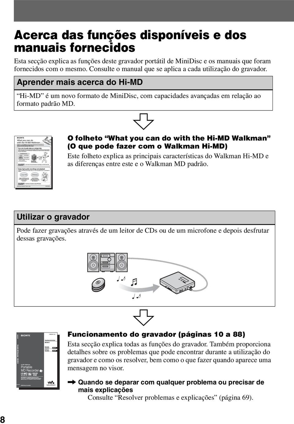 O folheto What you can do with the Hi-MD Walkman (O que pode fazer com o Walkman Hi-MD) Este folheto explica as principais características do Walkman Hi-MD e as diferenças entre este e o Walkman MD