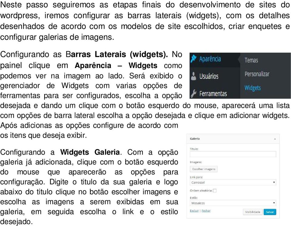 Será exibido o gerenciador de Widgets com varias opções de ferramentas para ser configurados, escolha a opção desejada e dando um clique com o botão esquerdo do mouse, aparecerá uma lista com opções