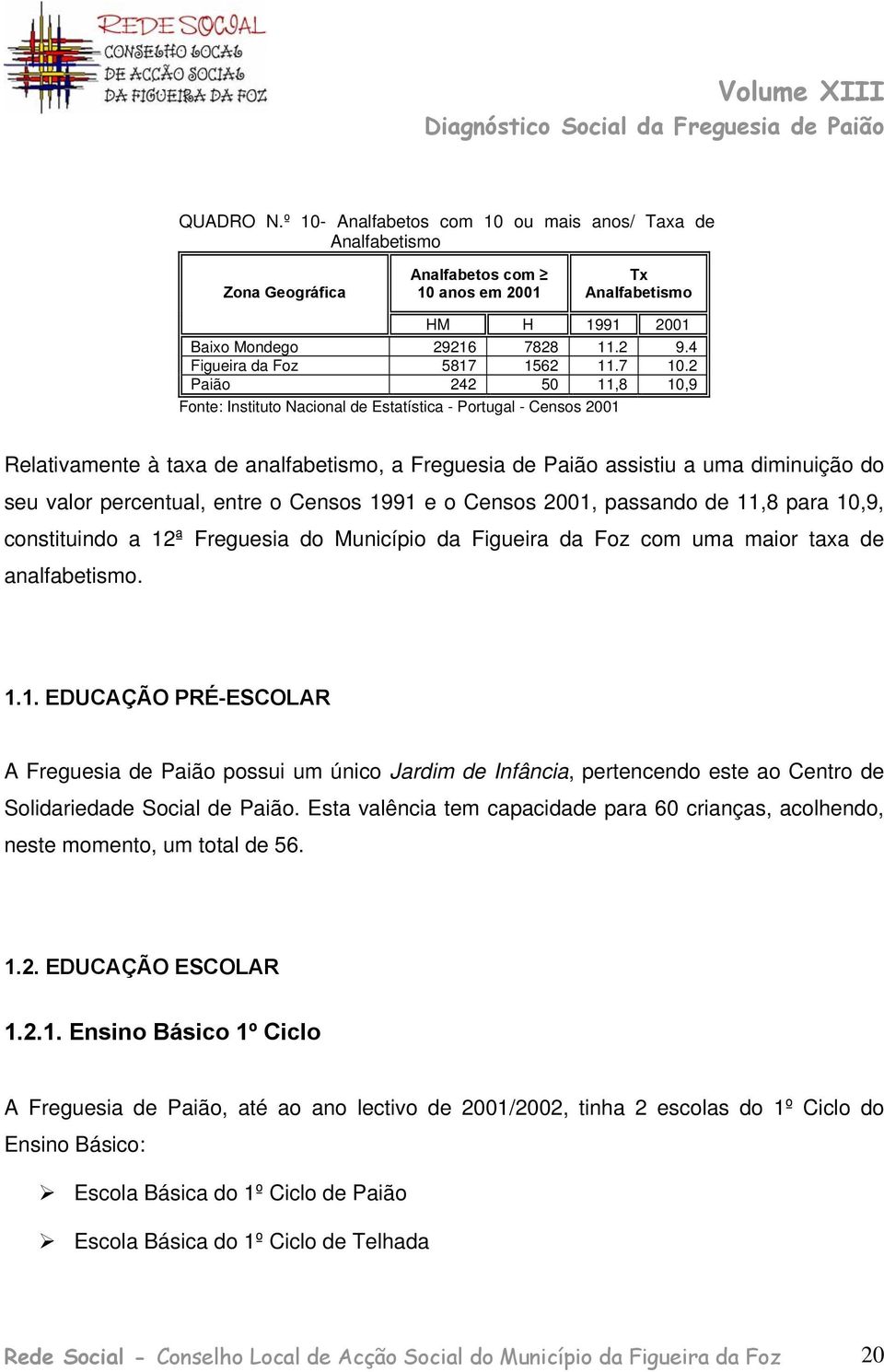 2 Paião 242 50 11,8 10,9 Fonte: Instituto Nacional de Estatística - Portugal - Censos 2001 Relativamente à taxa de analfabetismo, a Freguesia de Paião assistiu a uma diminuição do seu valor