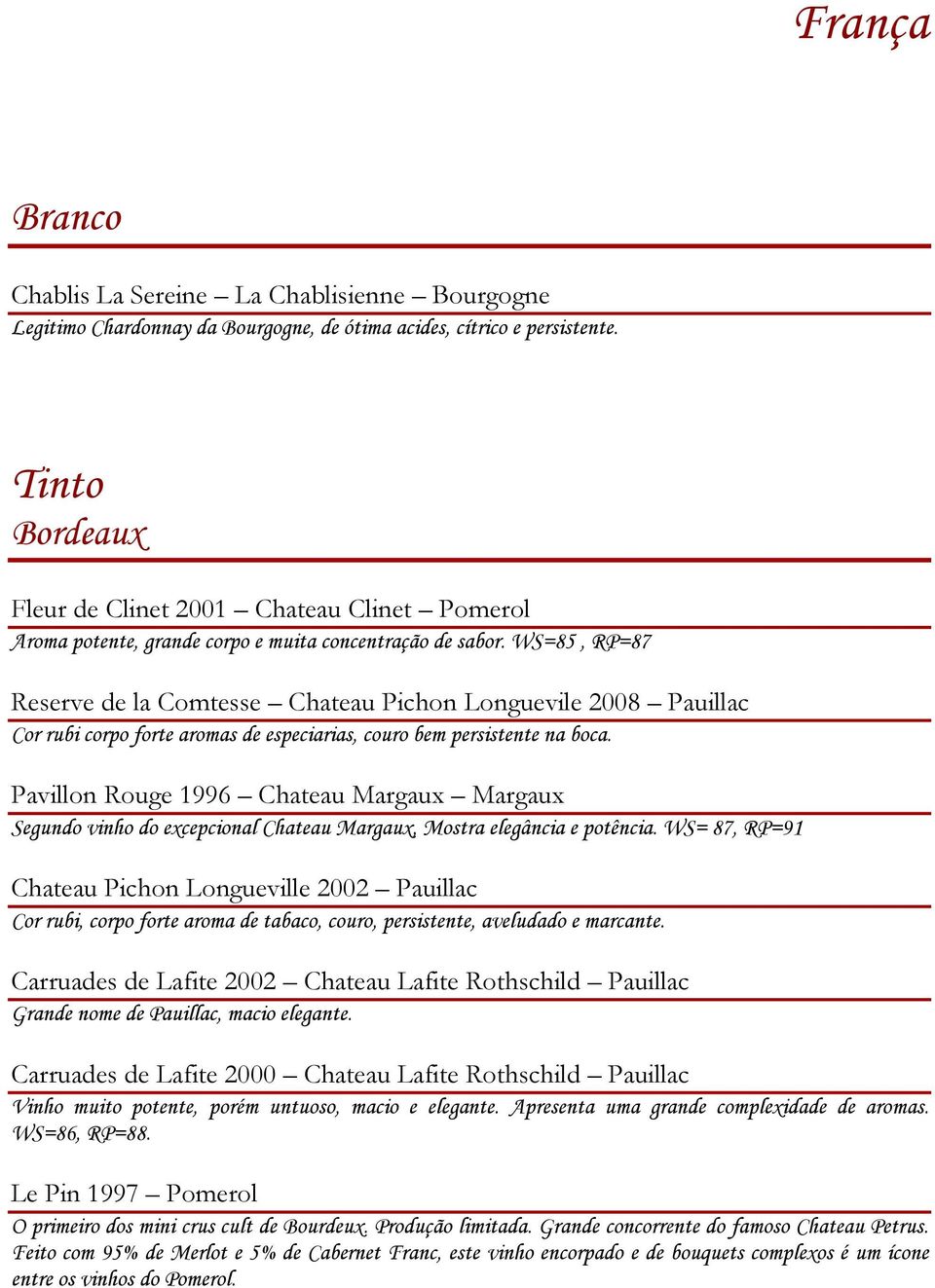 WS=85, RP=87 Reserve de la Comtesse Chateau Pichon Longuevile 2008 Pauillac Cor rubi corpo forte aromas de especiarias, couro bem persistente na boca.