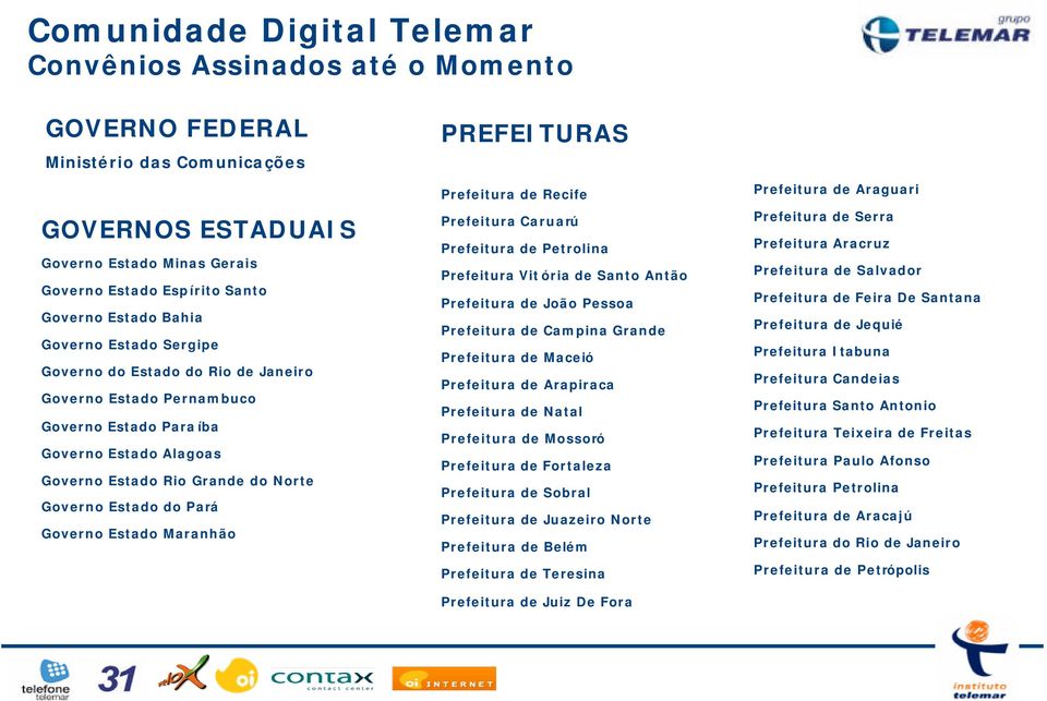 Governo Estado Maranhão PREFEITURAS Prefeitura de Recife Prefeitura Caruarú Prefeitura de Petrolina Prefeitura Vitória de Santo Antão Prefeitura de João Pessoa Prefeitura de Campina Grande Prefeitura