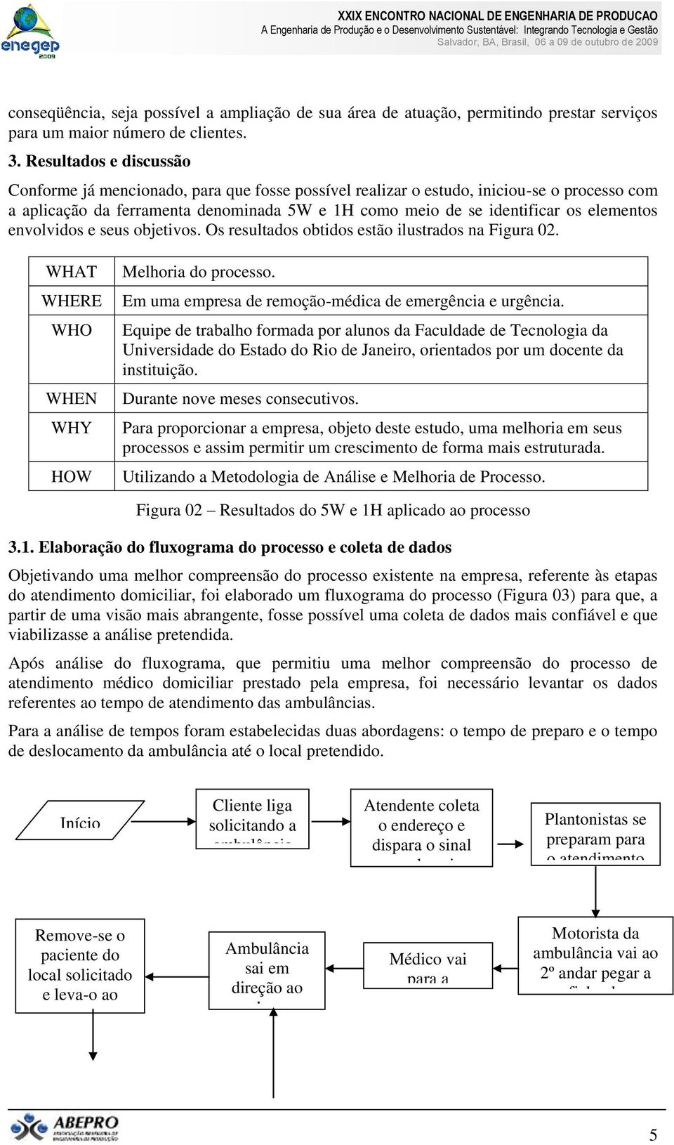 elementos envolvidos e seus objetivos. Os resultados obtidos estão ilustrados na Figura 02. WHAT WHERE WHO WHEN WHY HOW Melhoria do processo. Em uma empresa de remoção-médica de emergência e urgência.