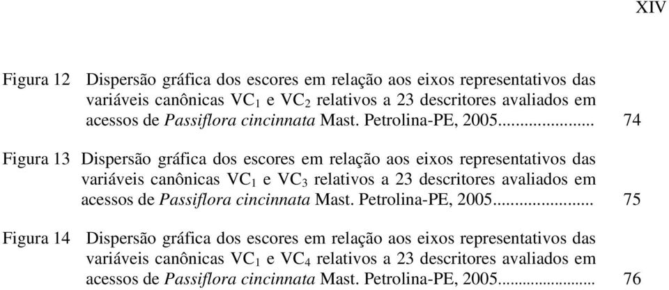 .. 74 Figura 13 Dispersão gráfica dos escores em relação aos eixos representativos das variáveis canônicas VC 1 e VC 3 relativos a 23 descritores avaliados em .