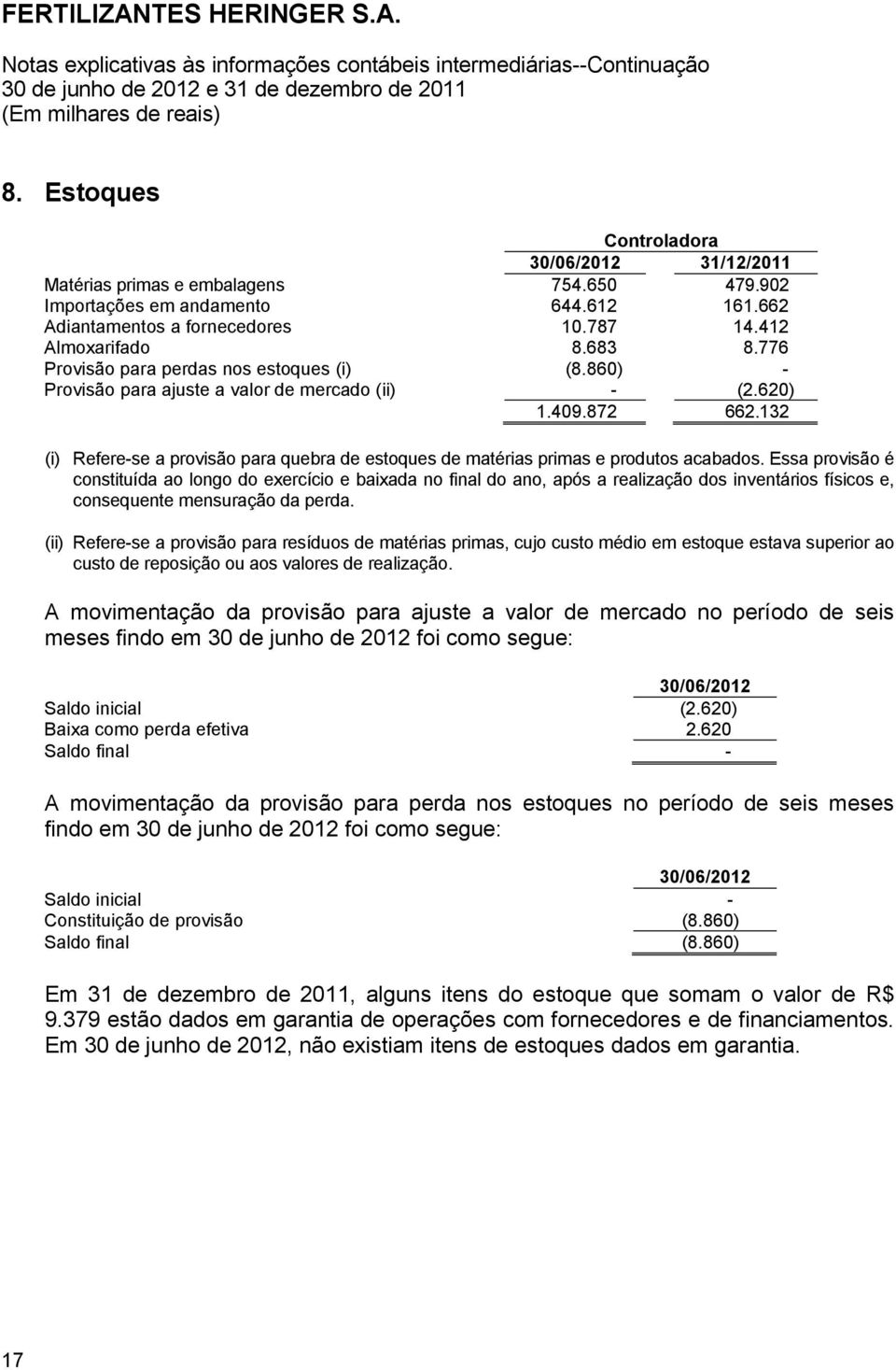 132 (i) Refere-se a provisão para quebra de estoques de matérias primas e produtos acabados.