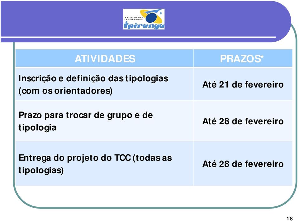 PRAZOS* Até 21 de fevereiro Até 28 de fevereiro Entrega