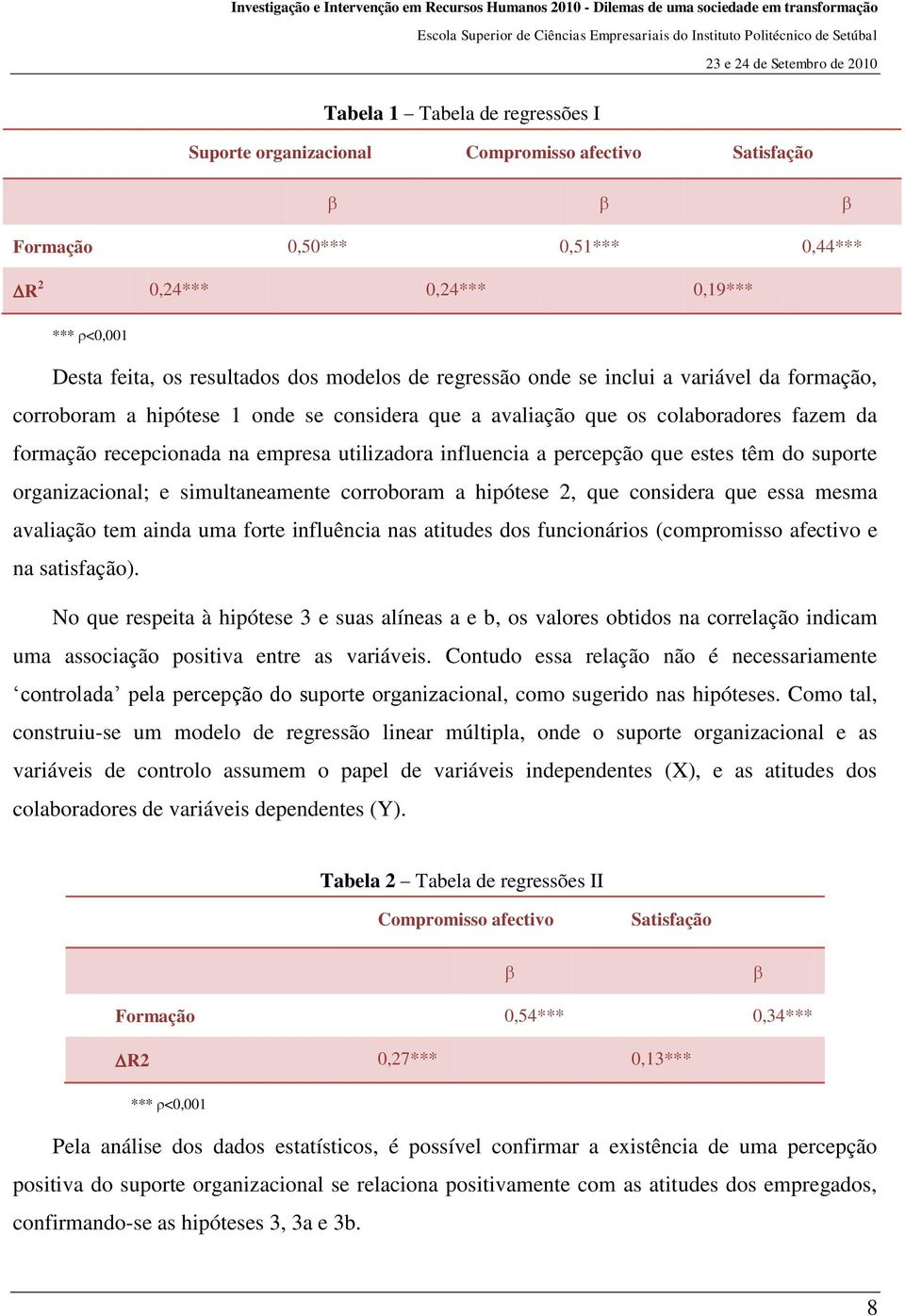 percepção que estes têm do suporte organizacional; e simultaneamente corroboram a hipótese 2, que considera que essa mesma avaliação tem ainda uma forte influência nas atitudes dos funcionários