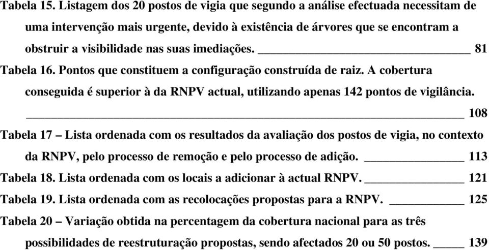 imediações. 81 Tabela 16. Pontos que constituem a configuração construída de raiz. A cobertura conseguida é superior à da RNPV actual, utilizando apenas 142 pontos de vigilância.