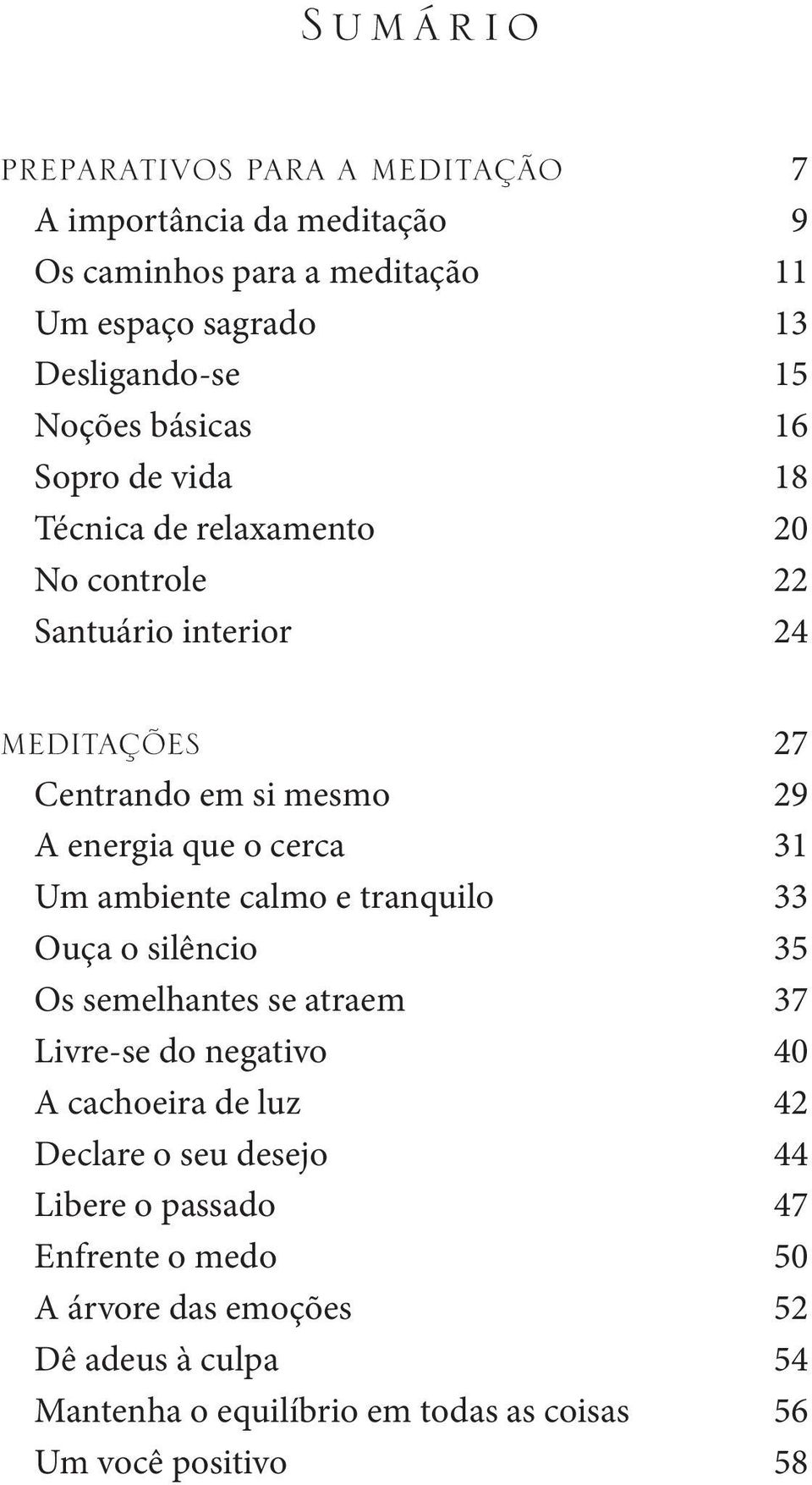 cerca 31 Um ambiente calmo e tranquilo 33 Ouça o silêncio 35 Os semelhantes se atraem 37 Livre-se do negativo 40 A cachoeira de luz 42 Declare o seu