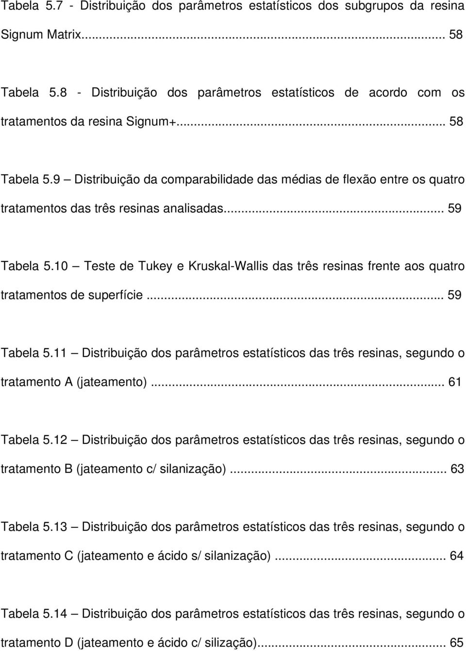 10 Teste de Tukey e Kruskal-Wallis das três resinas frente aos quatro tratamentos de superfície... 59 Tabela 5.