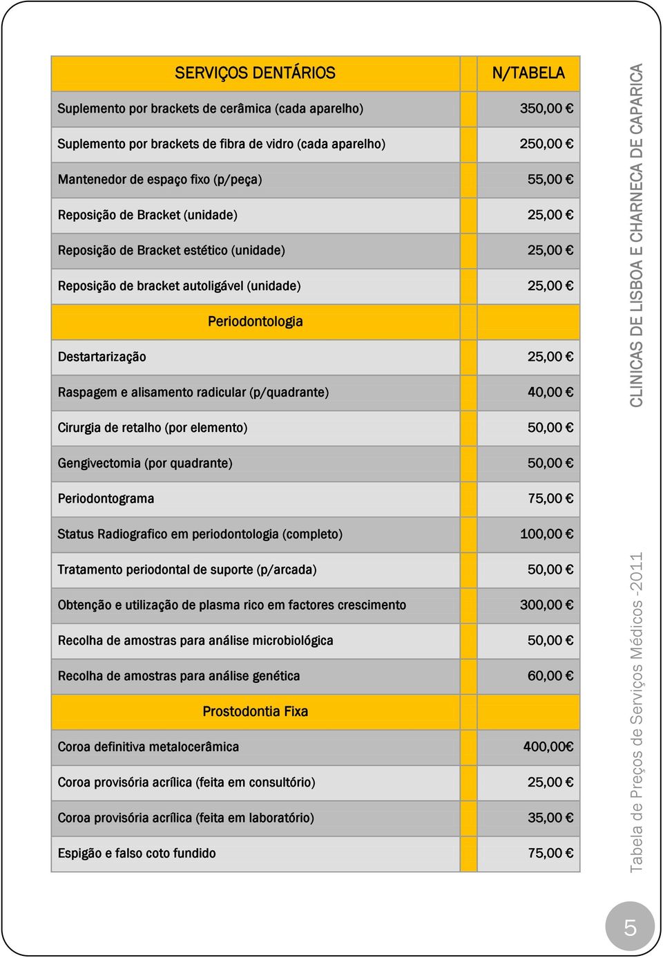 de retalho (por elemento) 50,00 Gengivectomia (por quadrante) 50,00 Periodontograma 75,00 Status Radiografico em periodontologia (completo) 100,00 Tratamento periodontal de suporte (p/arcada) 50,00