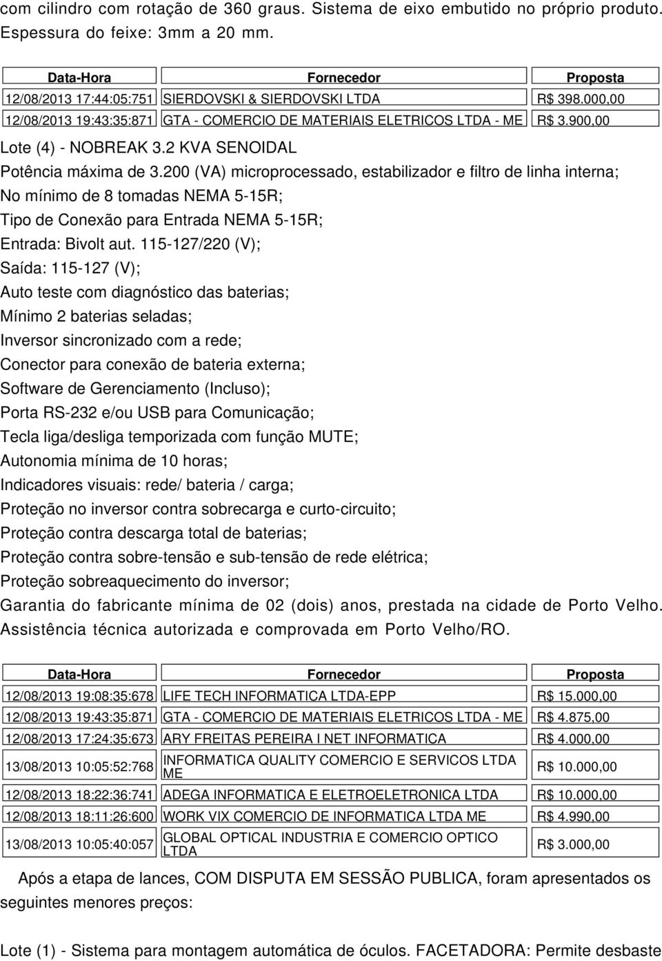 900,00 Lote (4) - NOBREAK 3.2 KVA SENOIDAL Assistência técnica autorizada e comprovada em Porto Velho/RO. Data-Hora Fornecedor Proposta 12/08/2013 19:08:35:678 LIFE TECH INFORMATICA LTDA-EPP R$ 15.