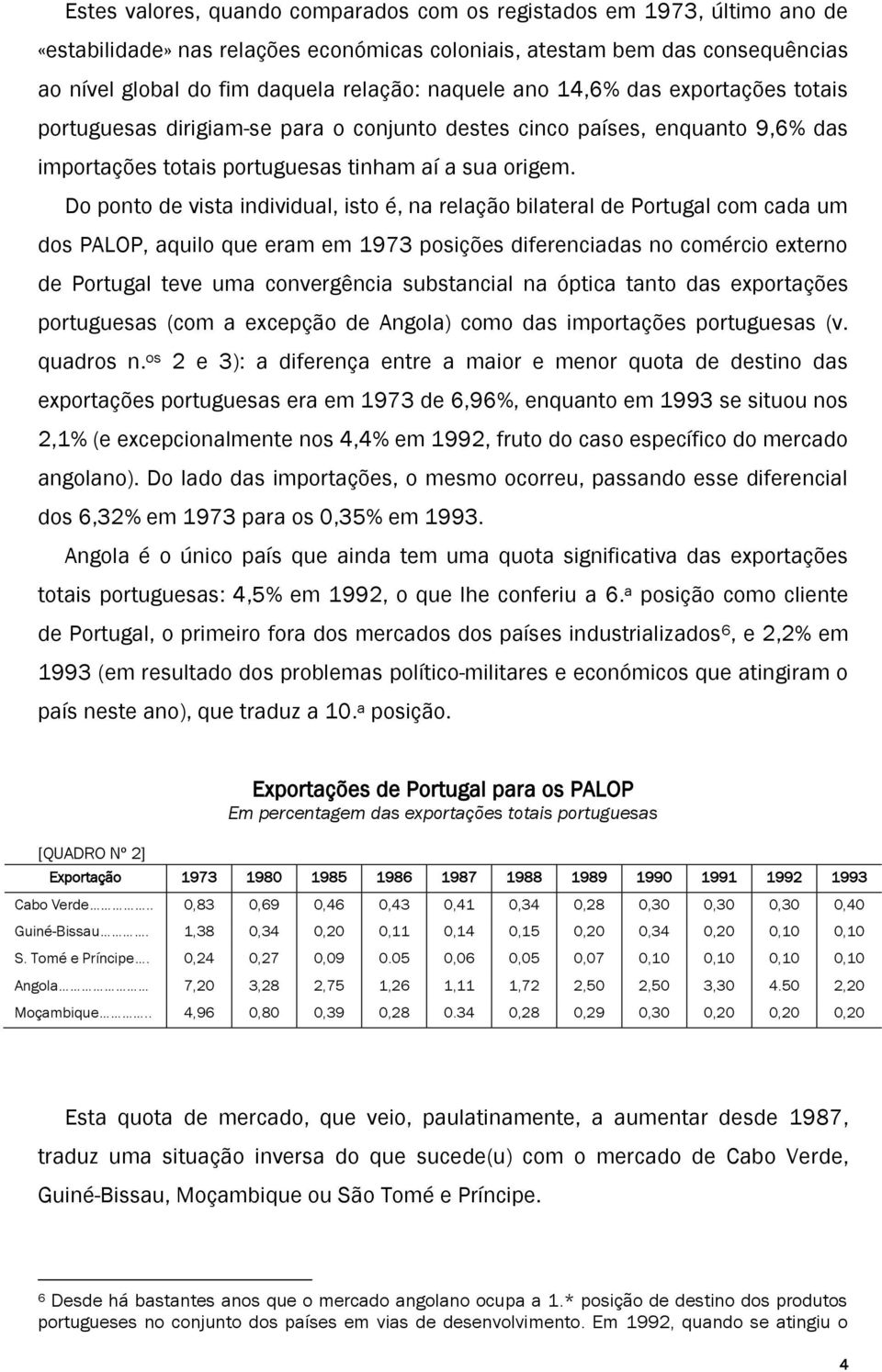 Do ponto de vista individual, isto é, na relação bilateral de Portugal com cada um dos PALOP, aquilo que eram em 1973 posições diferenciadas no comércio externo de Portugal teve uma convergência