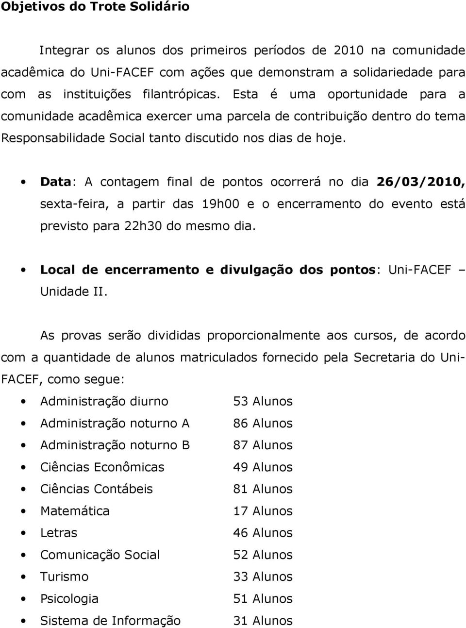 Data: A contagem final de pontos ocorrerá no dia 26/03/2010, sexta-feira, a partir das 19h00 e o encerramento do evento está previsto para 22h30 do mesmo dia.