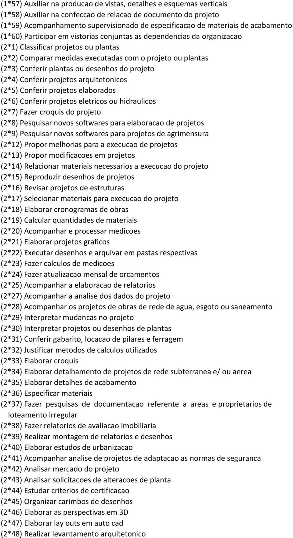 plantas ou desenhos do projeto (2*4) Conferir projetos arquitetonicos (2*5) Conferir projetos elaborados (2*6) Conferir projetos eletricos ou hidraulicos (2*7) Fazer croquis do projeto (2*8)