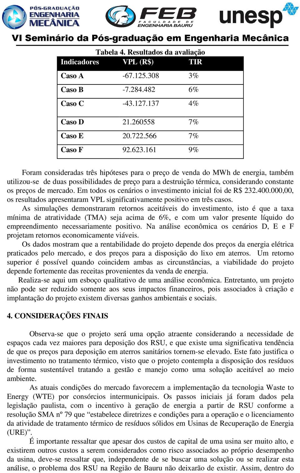 mercado. Em todos os cenários o investimento inicial foi de R$ 232.400.000,00, os resultados apresentaram VPL significativamente positivo em três casos.