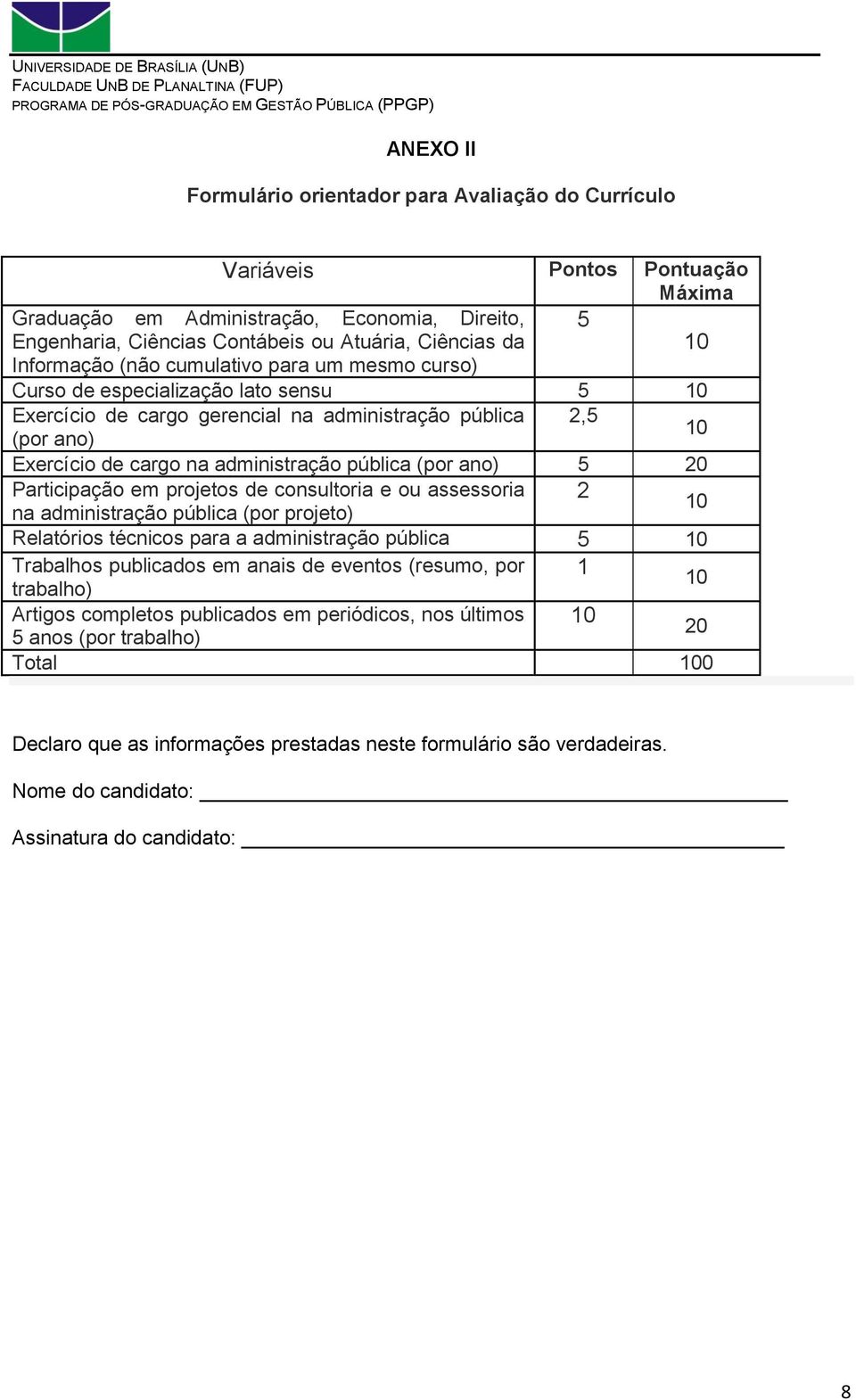 (por ano) 5 20 Participação em projetos de consultoria e ou assessoria na administração pública (por projeto) 2 Relatórios técnicos para a administração pública 5 Trabalhos publicados em anais de