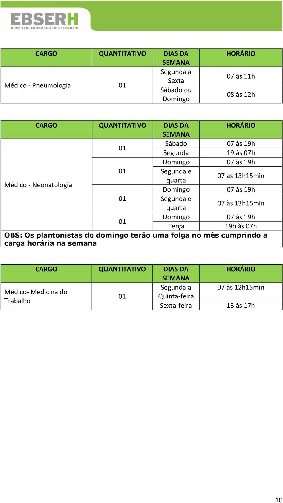 domingo terão uma folga no mês cumprindo a carga horária na