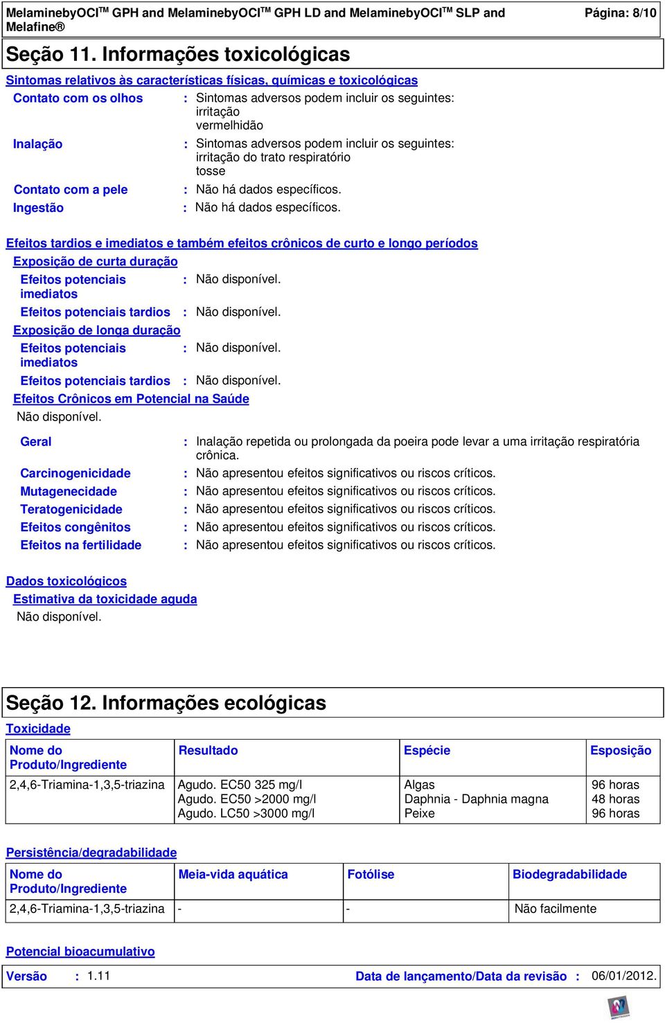 Contato com a pele Ingestão Sintomas adversos podem incluir os seguintes irritação do trato respiratório tosse Não há dados específicos.