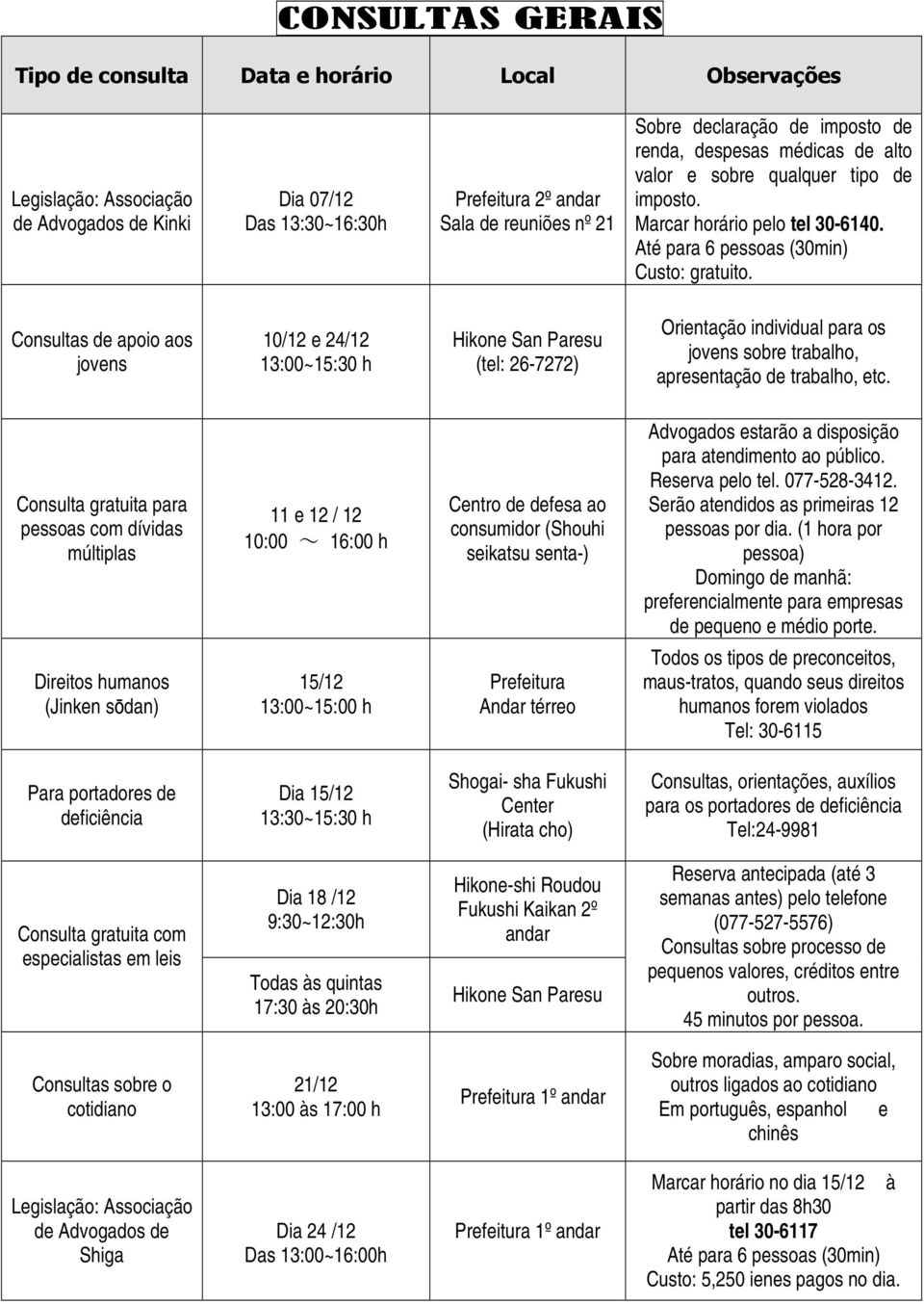 Consultas de apoio aos jovens 10/12 e 24/12 13:00~15:30 h Hikone San Paresu (tel: 26-7272) Orientação individual para os jovens sobre trabalho, apresentação de trabalho, etc.