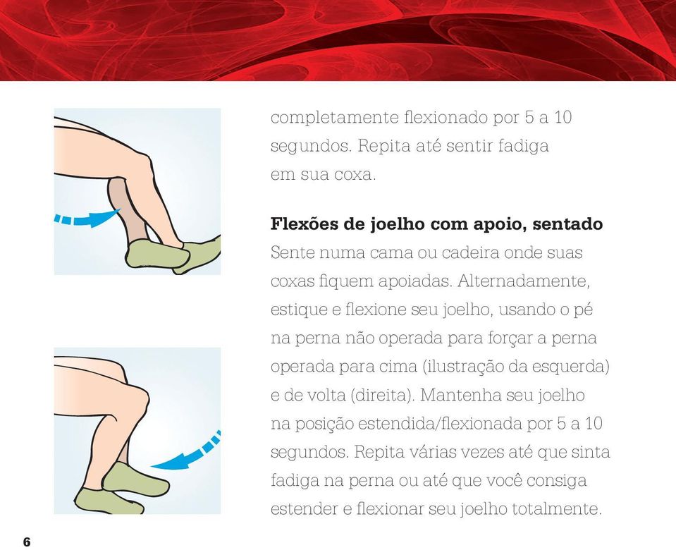 Alternadamente, estique e flexione seu joelho, usando o pé na perna não operada para forçar a perna operada para cima (ilustração da