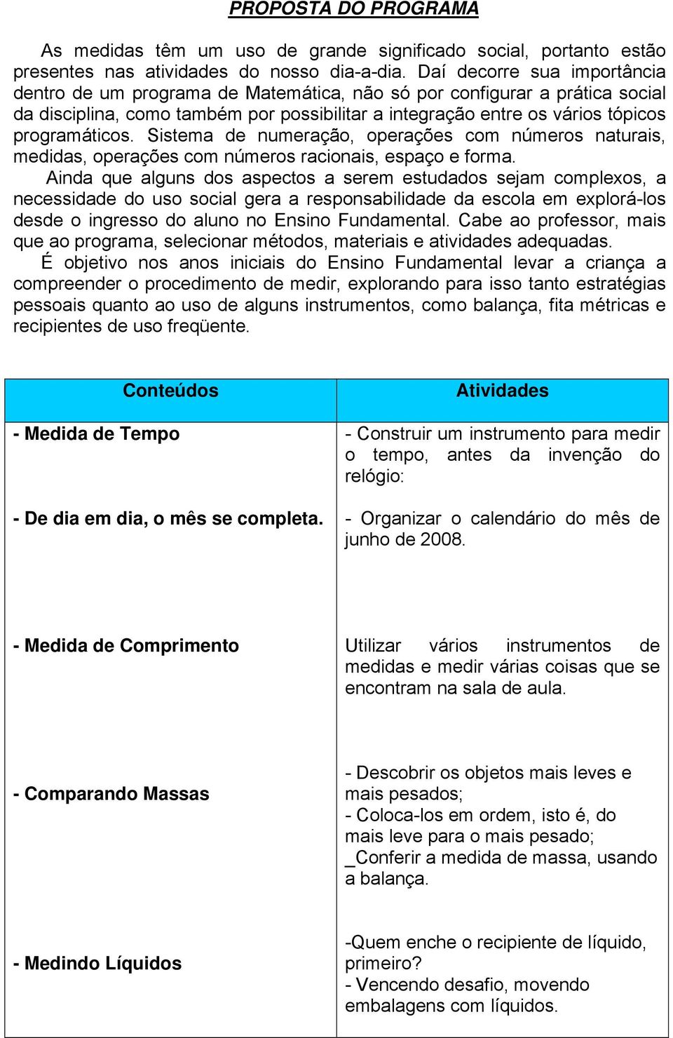 Sistema de numeração, operações com números naturais, medidas, operações com números racionais, espaço e forma.