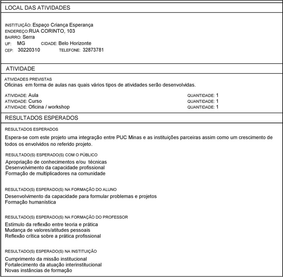 ATIVIDADE: Aula QUANTIDADE: 1 ATIVIDADE: Curso QUANTIDADE: 1 ATIVIDADE: Oficina / workshop QUANTIDADE: 1 RESULTADOS ESPERADOS RESULTADOS ESPERADOS Espera-se com este projeto uma integração entre PUC