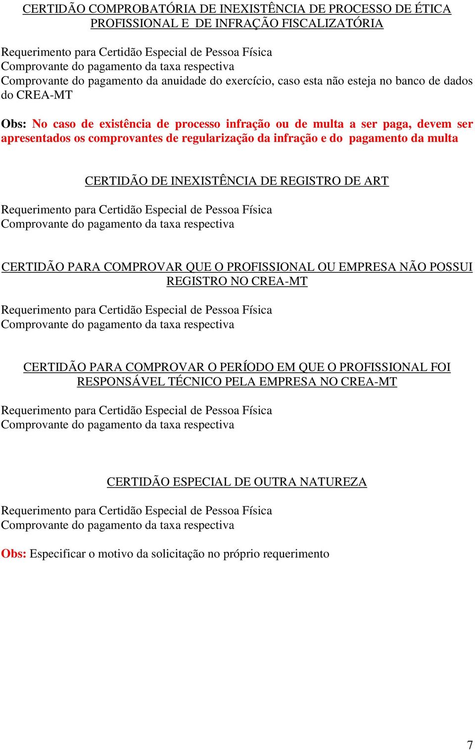 pagamento da multa CERTIDÃO DE INEXISTÊNCIA DE REGISTRO DE ART CERTIDÃO PARA COMPROVAR QUE O PROFISSIONAL OU EMPRESA NÃO POSSUI REGISTRO NO CREA-MT CERTIDÃO PARA COMPROVAR O