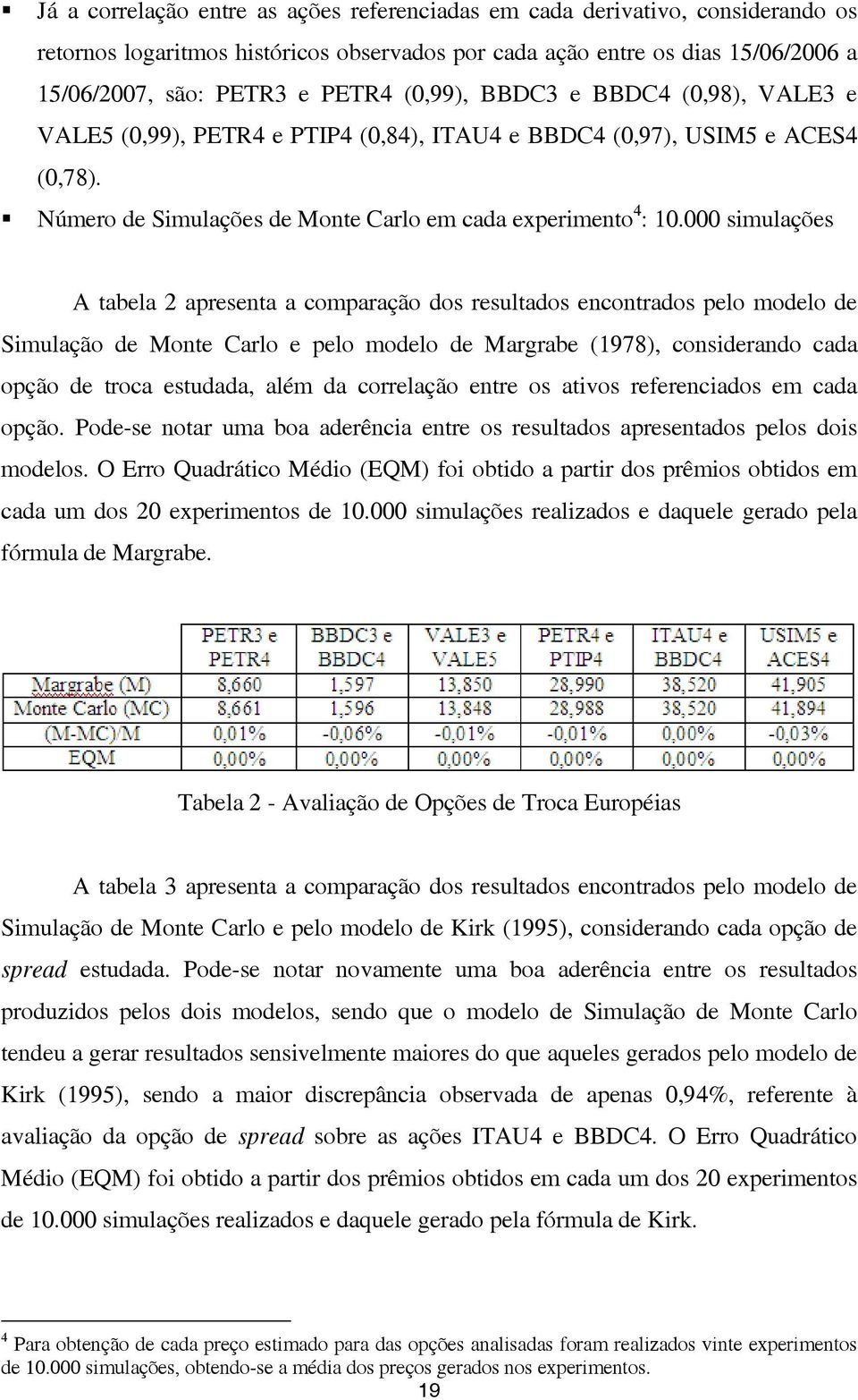 000 simulações A tabela apresenta a comparação dos resultados encontrados pelo modelo de Simulação de Monte Carlo e pelo modelo de Margrabe (978), considerando cada opção de troca estudada, além da