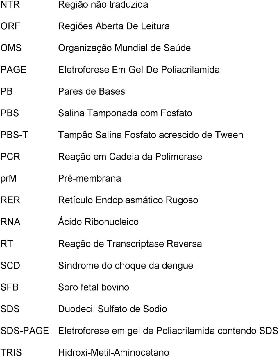 Cadeia da Polimerase Pré-membrana Retículo Endoplasmático Rugoso Ácido Ribonucleico Reação de Transcriptase Reversa Síndrome do choque da