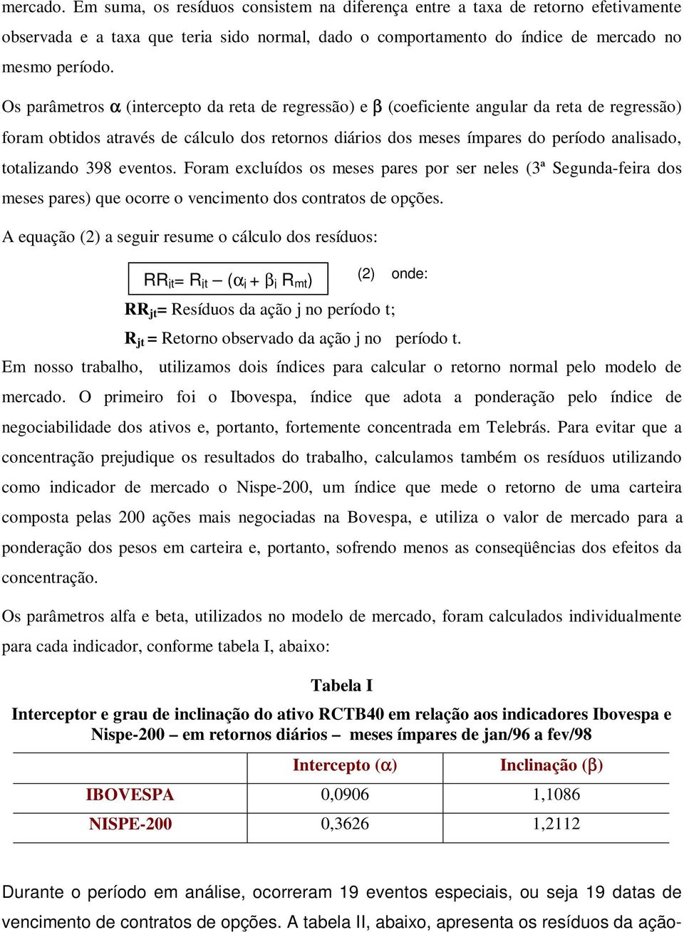 totalizando 398 eventos. Foram excluídos os meses pares por ser neles (3ª Segunda-feira dos meses pares) que ocorre o vencimento dos contratos de opções.