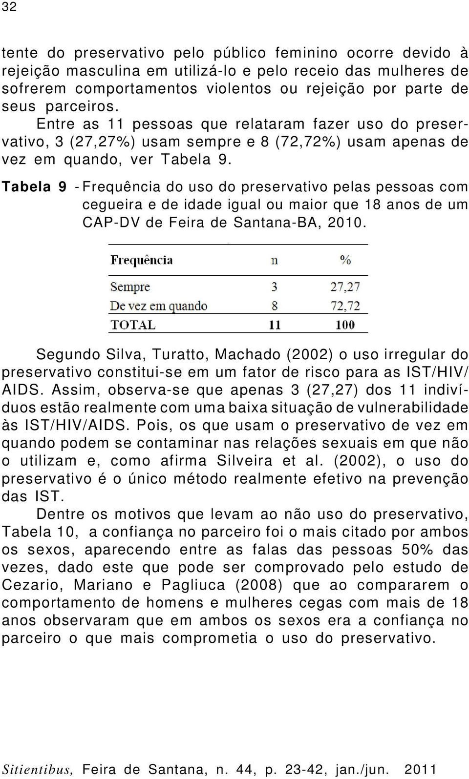 Tabela 9 - Frequência do uso do preservativo pelas pessoas com cegueira e de idade igual ou maior que 18 anos de um CAP-DV de Feira de Santana-BA, 2010.
