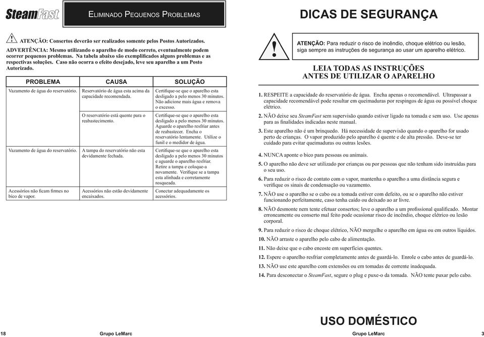 Caso não ocorra o efeito desejado, leve seu aparelho a um Posto Autorizado. PROBLEMA Vazamento de água do reservatório. Vazamento de água do reservatório. Acessórios não ficam firmes no bico de vapor.