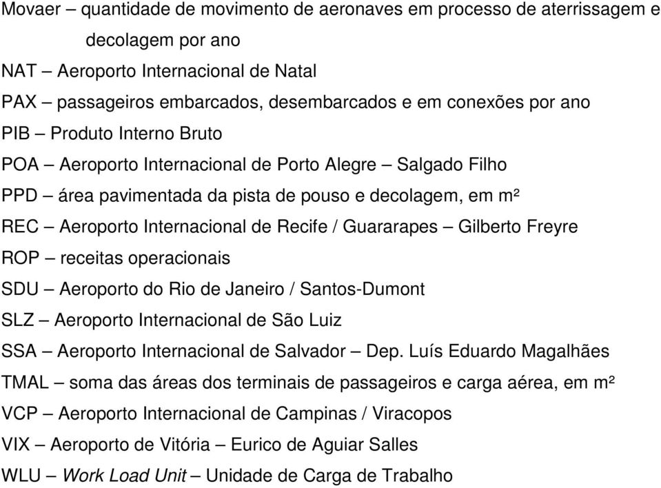 Freyre ROP receitas operacionais SDU Aeroporto do Rio de Janeiro / Santos-Dumont SLZ Aeroporto Internacional de São Luiz SSA Aeroporto Internacional de Salvador Dep.