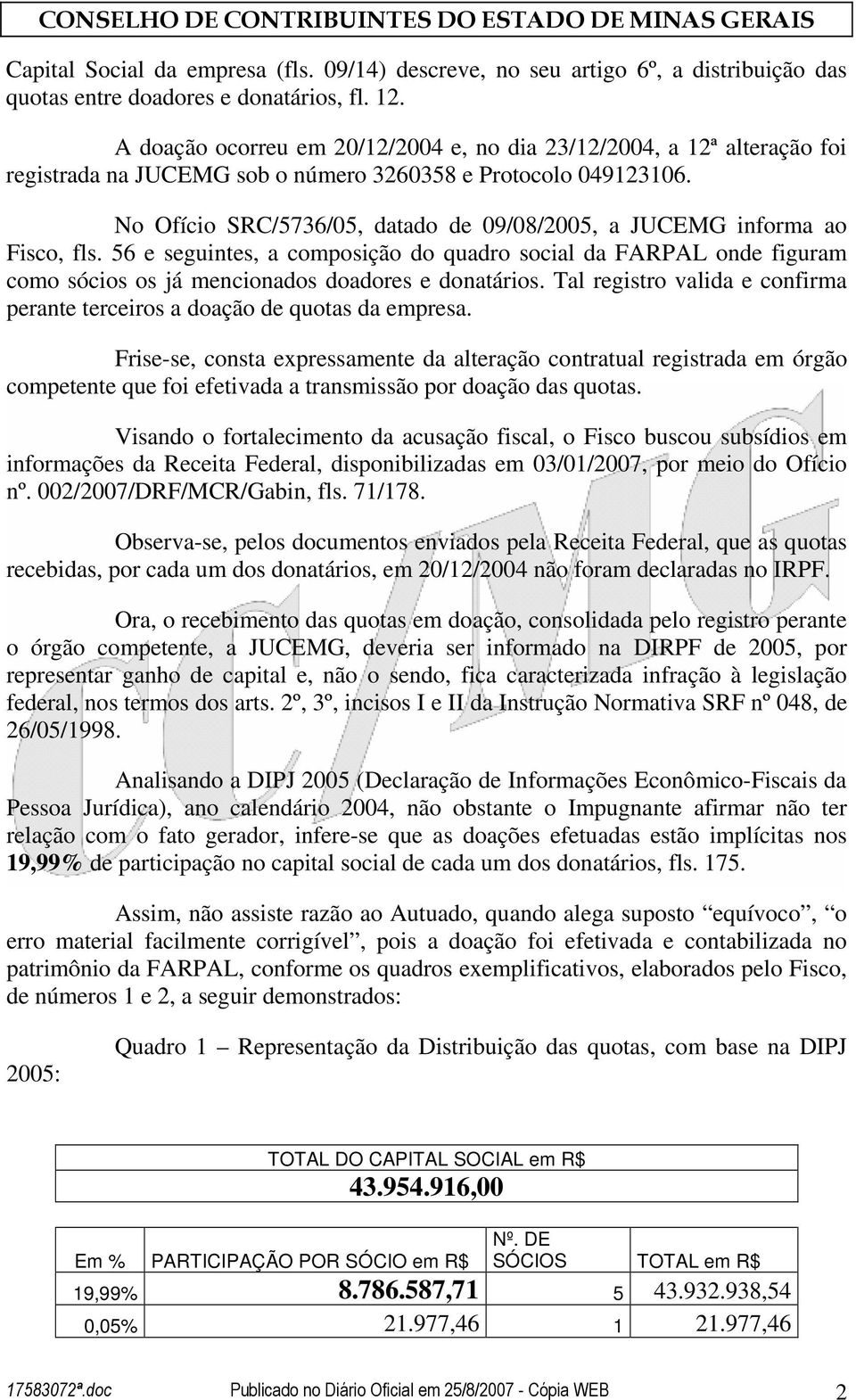 No Ofício SRC/5736/05, datado de 09/08/2005, a JUCEMG informa ao Fisco, fls. 56 e seguintes, a composição do quadro social da FARPAL onde figuram como sócios os já mencionados doadores e donatários.