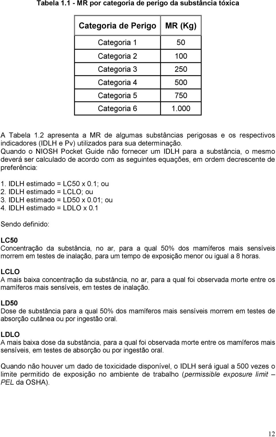 Quando o NIOSH Pocket Guide não fornecer um IDLH para a substância, o mesmo deverá ser calculado de acordo com as seguintes equações, em ordem decrescente de preferência: 1. IDLH estimado = LC50 x 0.