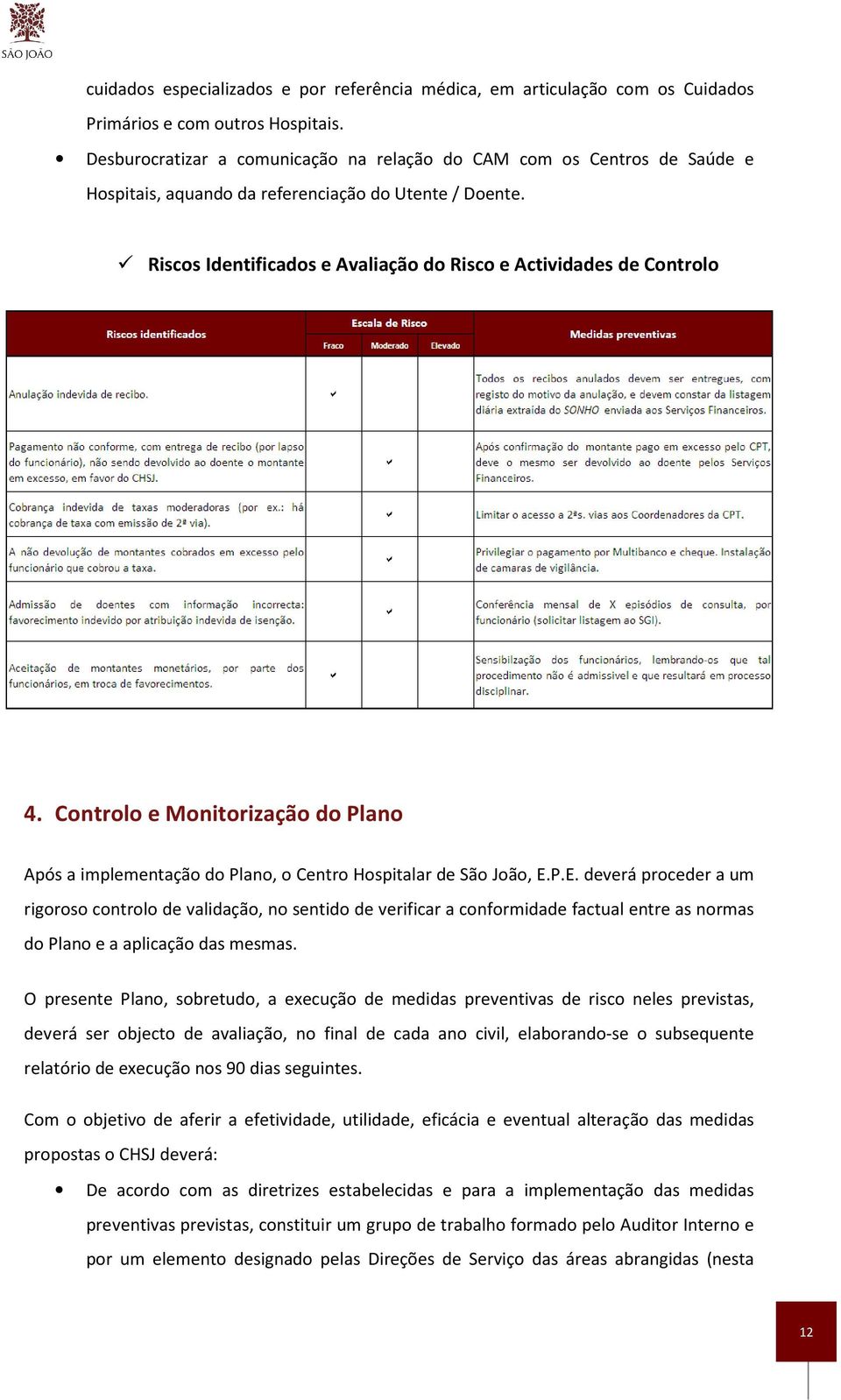 Controlo e Monitorização do Plano Após a implementação do Plano, o Centro Hospitalar de São João, E.