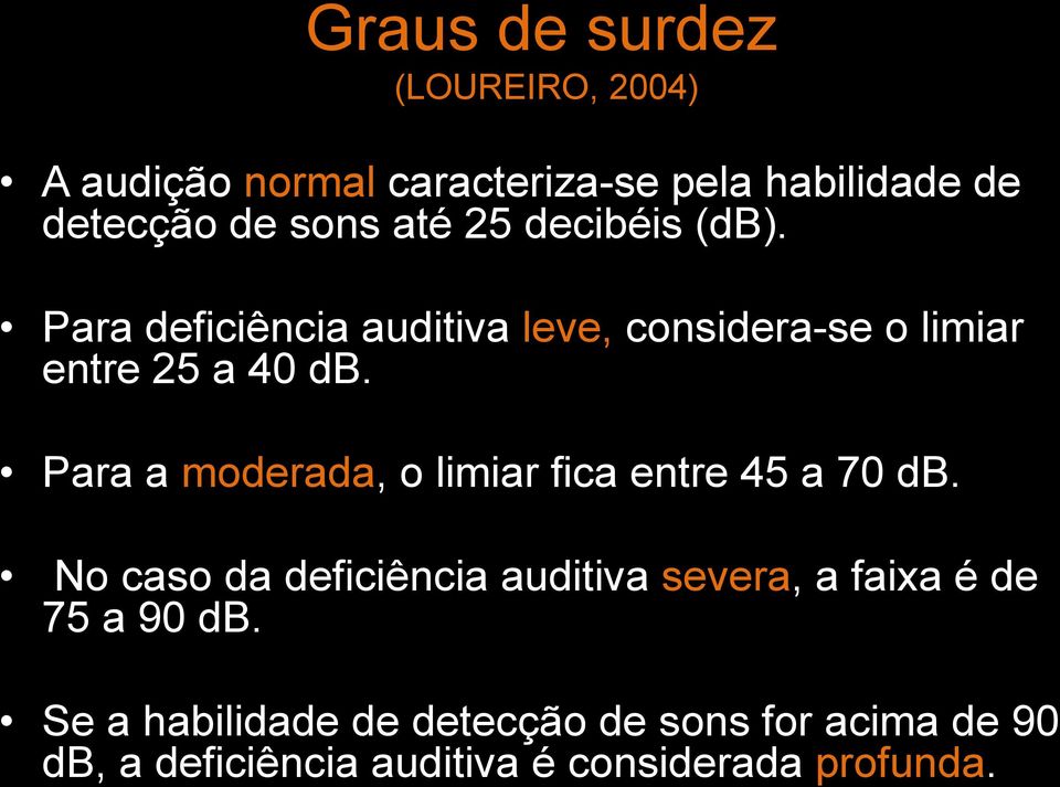 Para a moderada, o limiar fica entre 45 a 70 db.