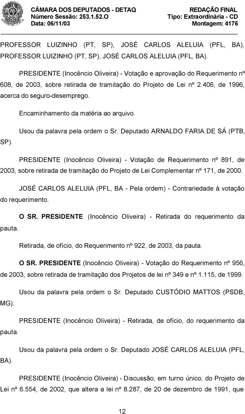 Encaminhamento da matéria ao arquivo. SP). Usou da palavra pela ordem o Sr.